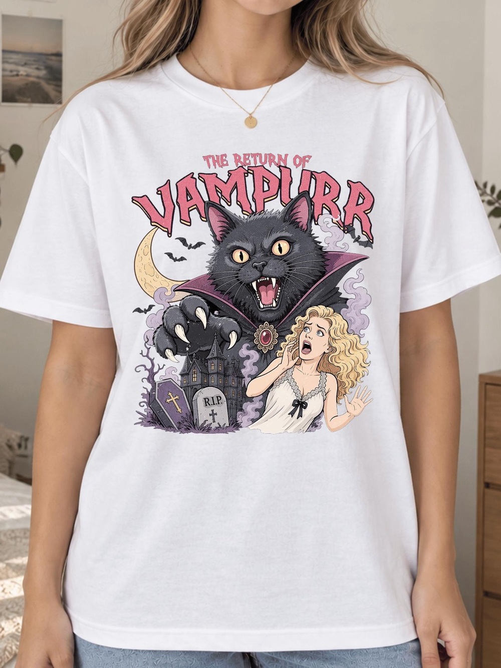 The Return Of Vampurr Vampire Cat T-Shirt, Vintage Horror Movie Poster Tee